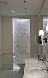 master bathroom vanity in an art collector's apartment at the Mandarin Oriental in Boston, designed by Steven Elmets Architecture