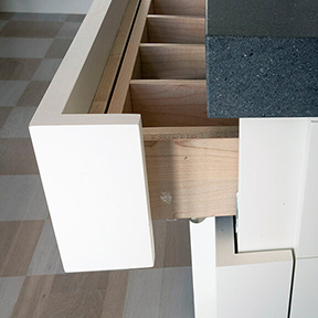 open drawer detail in an art collector's apartment at the Mandarin Oriental in Boston, designed by Steven Elmets Architecture