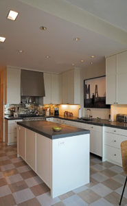 kitchen in an art collector's apartment at the Mandarin Oriental in Boston, designed by Steven Elmets Architecture