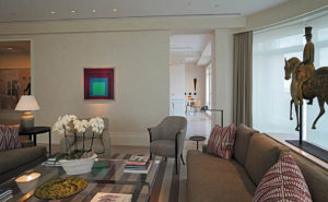 living room in an art collector's apartment at the Mandarin Oriental in Boston, designed by Steven Elmets Architecture