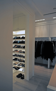 shoe alcove for a master closet in an art collector's apartment at the Mandarin Oriental in Boston, designed by Steven Elmets Architecture