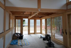 Interior of wooden exercise pavilion designed by Steven Elmets Architecture