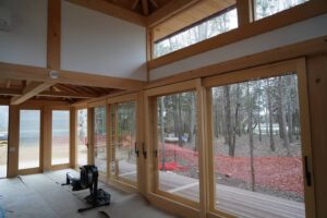 Interior of wooden exercise pavilion designed by Steven Elmets Architecture