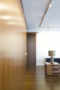 Living room wall in a Boston apartment designed by Steven Elmets Architecture