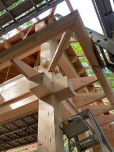 Progress shot of construction of wooden exercise pavilion designed by Steven Elmets Architecture