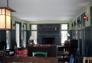 Dining room to living area of a private residence in East Hampton designed by Steven Elmets Architecture