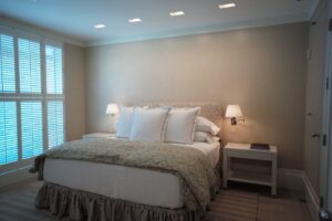 master bedroom in an art collector's apartment at the Mandarin Oriental in Boston, designed by Steven Elmets Architecture