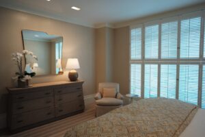 master bedroom in an art collector's apartment at the Mandarin Oriental in Boston, designed by Steven Elmets Architecture