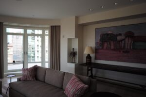 living room in an art collector's apartment at the Mandarin Oriental in Boston, designed by Steven Elmets Architecture