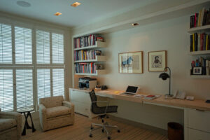 Home office in an art collector's apartment at the Mandarin Oriental in Boston, designed by Steven Elmets Architecture